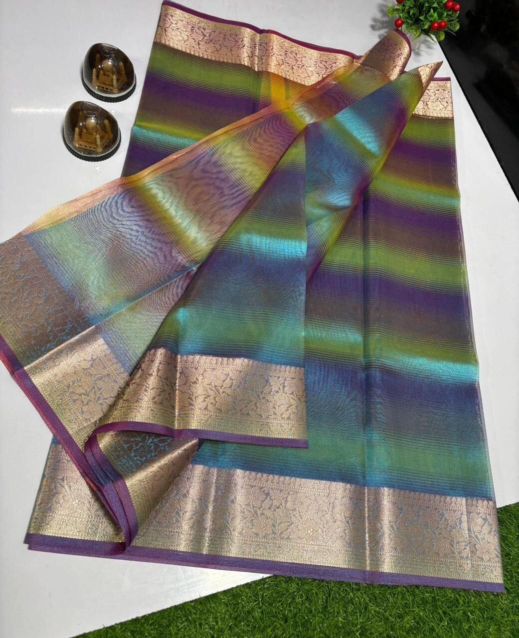 Rainbow Shine Beautiful Polyester Jacquard Border Tissue Silk Saree Designer Saree Shopin Di Apparels