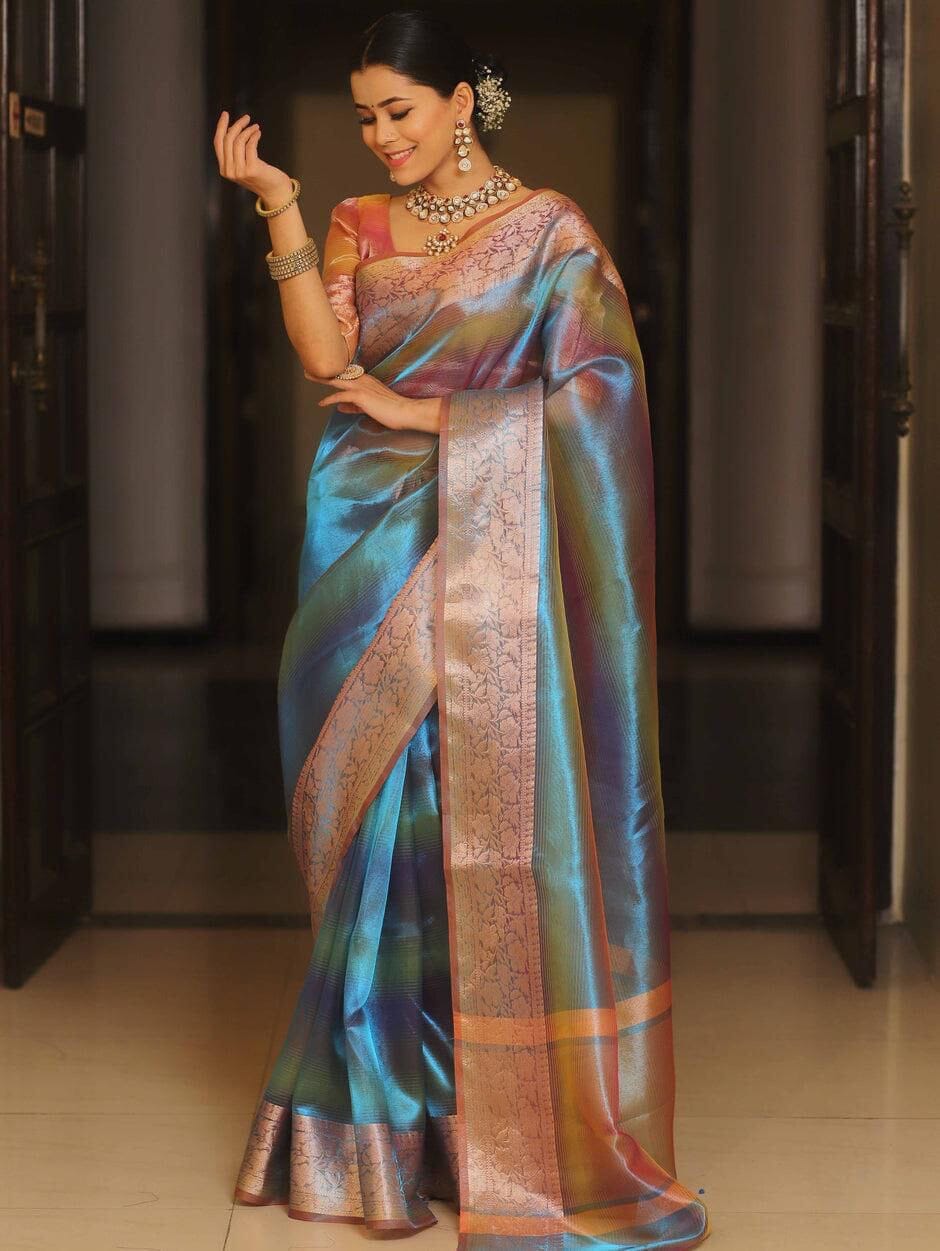 Rainbow Shine Beautiful Polyester Jacquard Border Tissue Silk Saree Designer Saree Shopin Di Apparels
