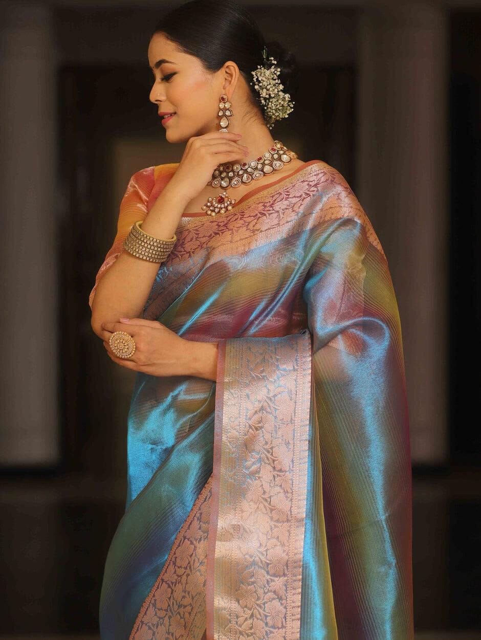 Rainbow Shine Beautiful Polyester Jacquard Border Tissue Silk Saree Designer Saree Shopin Di Apparels