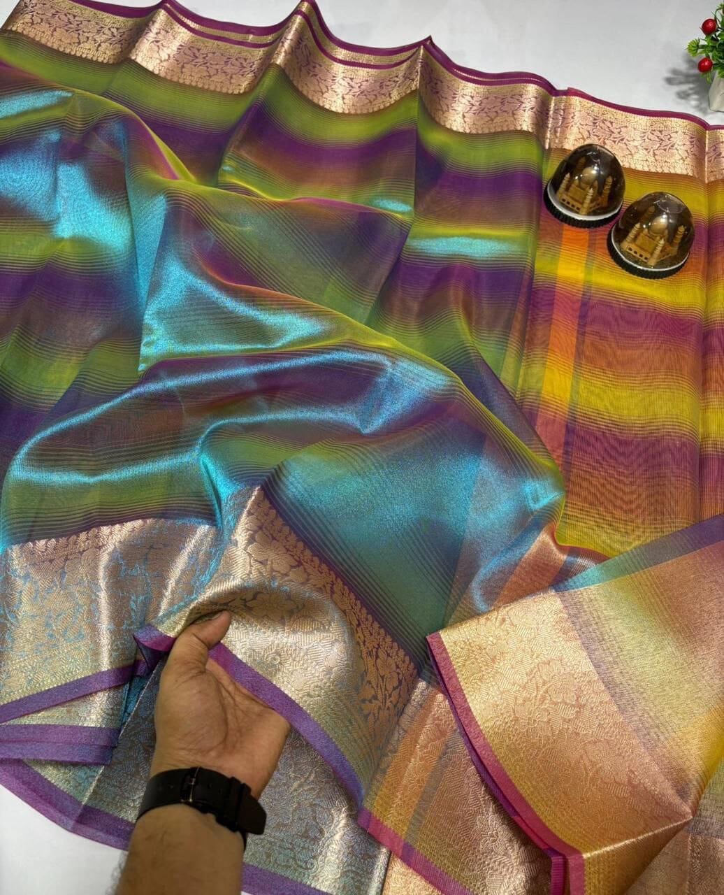 Rainbow Shine Beautiful Polyester Jacquard Border Tissue Silk Saree Designer Saree Shopin Di Apparels