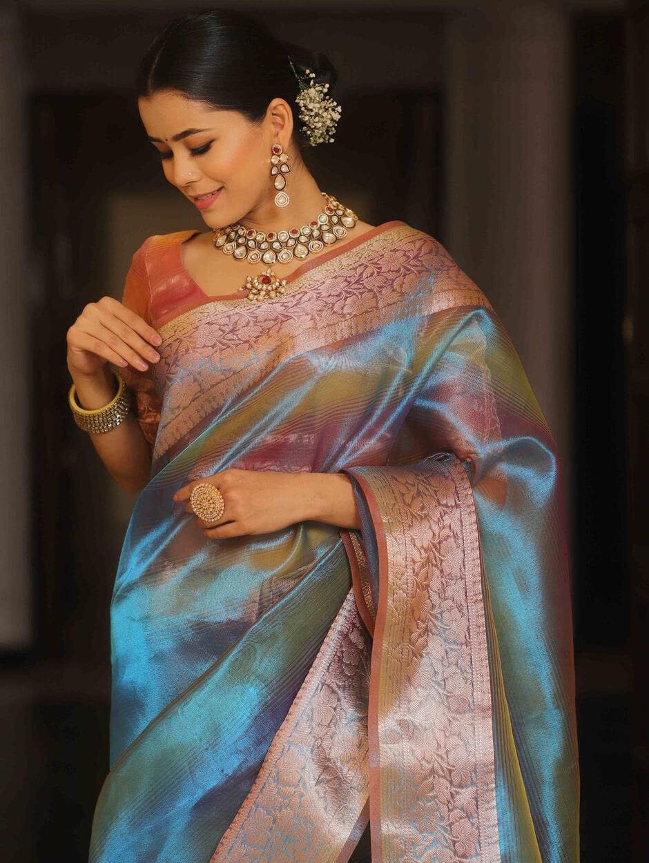 Rainbow Shine Beautiful Polyester Jacquard Border Tissue Silk Saree Designer Saree Shopin Di Apparels