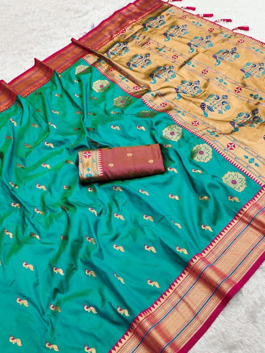 Rama Green Peacock Paithani Silk Saree with Zari Meenakari Weaving & Tassels Silk Saree Shopin Di Apparels