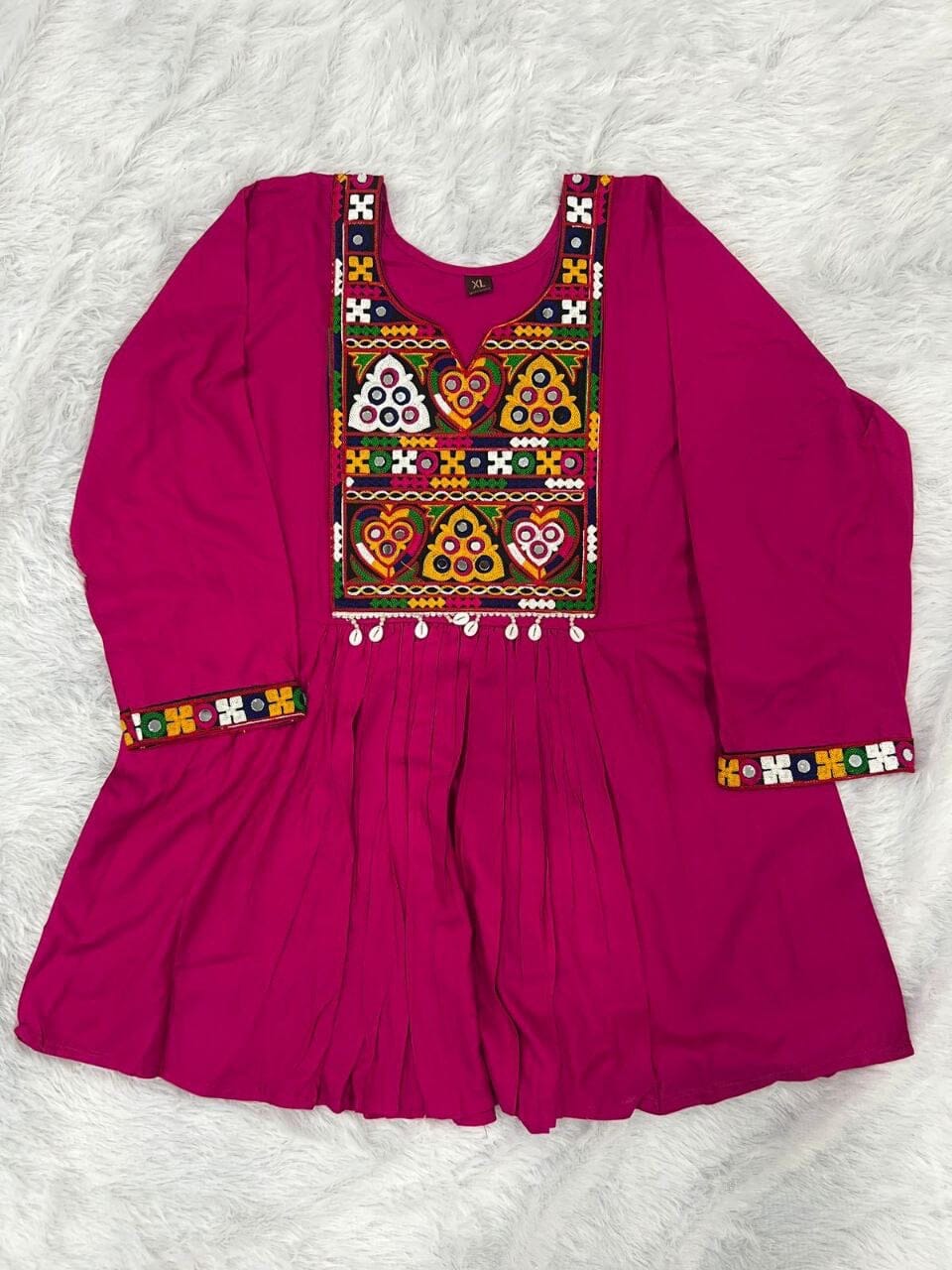 Rani Pink Heavy Rayon Baby Doll Short Top With Gamthi Lace and mirror work Western Top Shopin Di Apparels