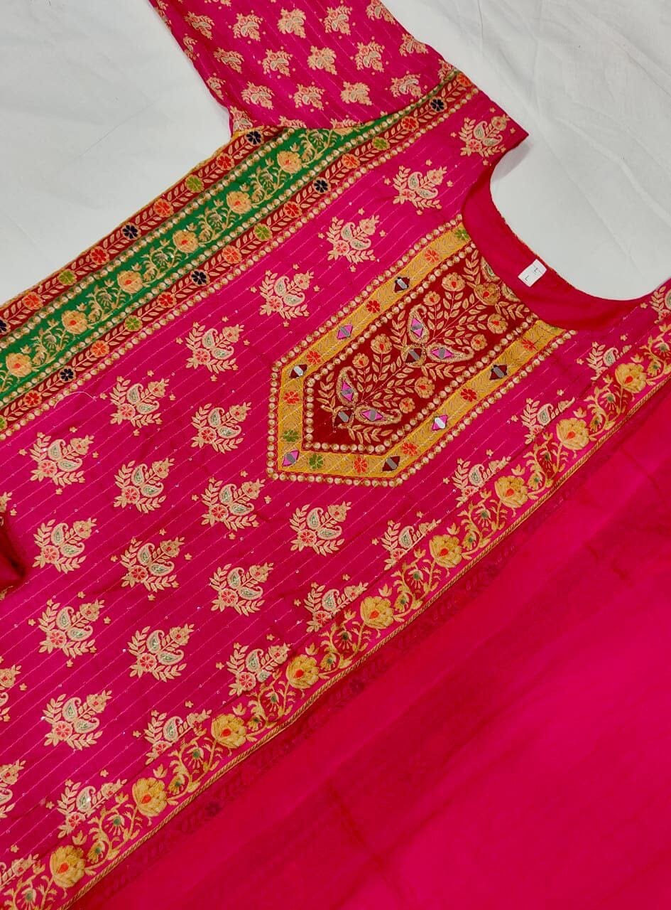 Rani Pink Multicoloured print with Embroidered Kurti with Dupatta and Pant Set Kurti with Bottom and Dupatta Shopin Di Apparels