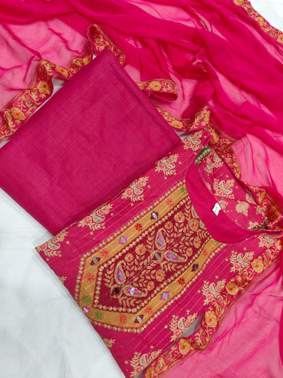 Rani Pink Multicoloured print with Embroidered Kurti with Dupatta and Pant Set Kurti with Bottom and Dupatta Shopin Di Apparels