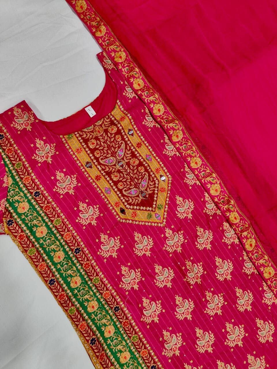 Rani Pink Multicoloured print with Embroidered Kurti with Dupatta and Pant Set Kurti with Bottom and Dupatta Shopin Di Apparels