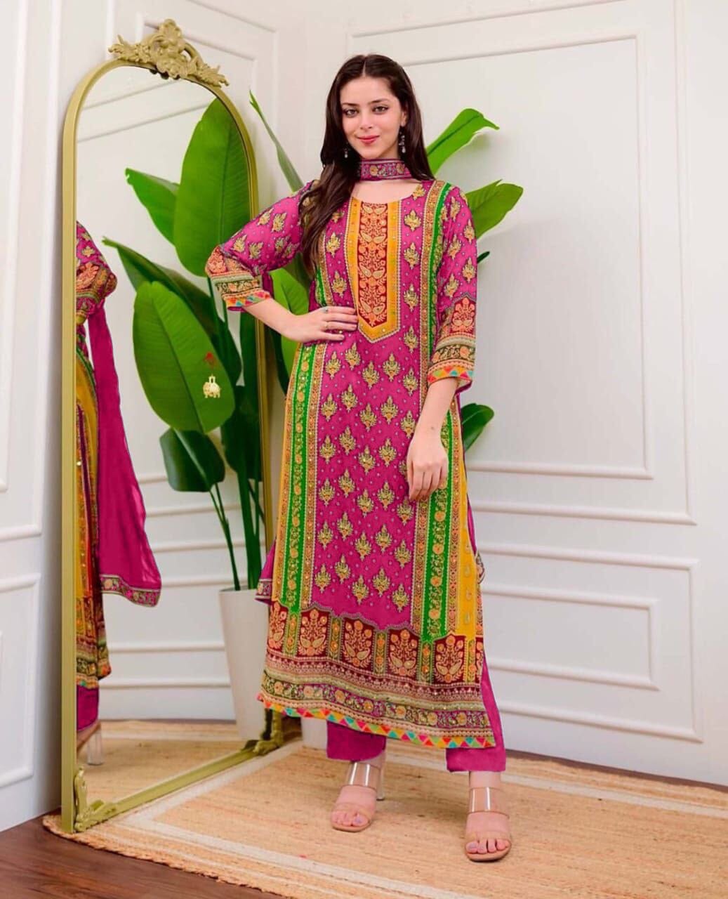 Rani Pink Multicoloured print with Embroidered Kurti with Dupatta and Pant Set Kurti with Bottom and Dupatta Shopin Di Apparels
