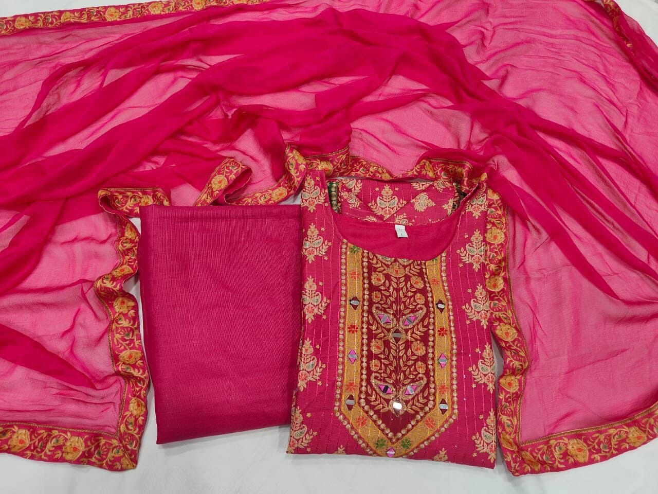 Rani Pink Multicoloured print with Embroidered Kurti with Dupatta and Pant Set Kurti with Bottom and Dupatta Shopin Di Apparels