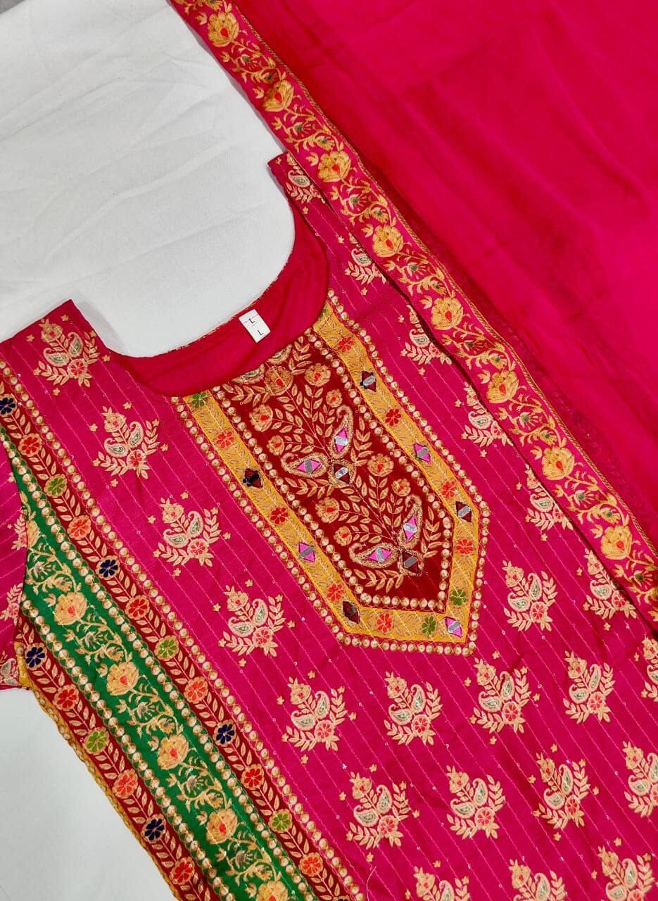 Rani Pink Multicoloured print with Embroidered Kurti with Dupatta and Pant Set Kurti with Bottom and Dupatta Shopin Di Apparels
