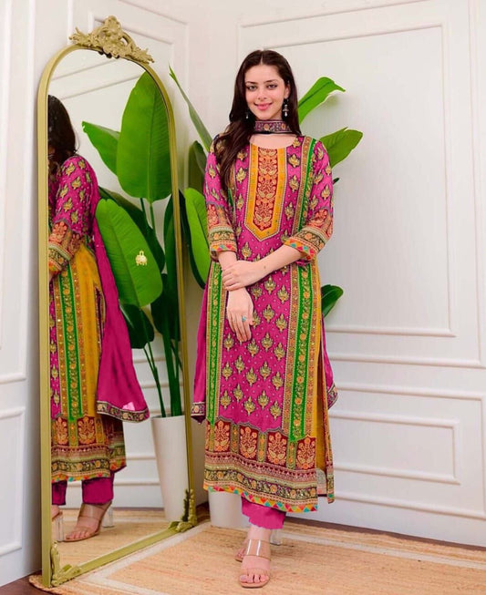 Rani Pink Multicoloured print with Embroidered Kurti with Dupatta and Pant Set Kurti with Bottom and Dupatta Shopin Di Apparels