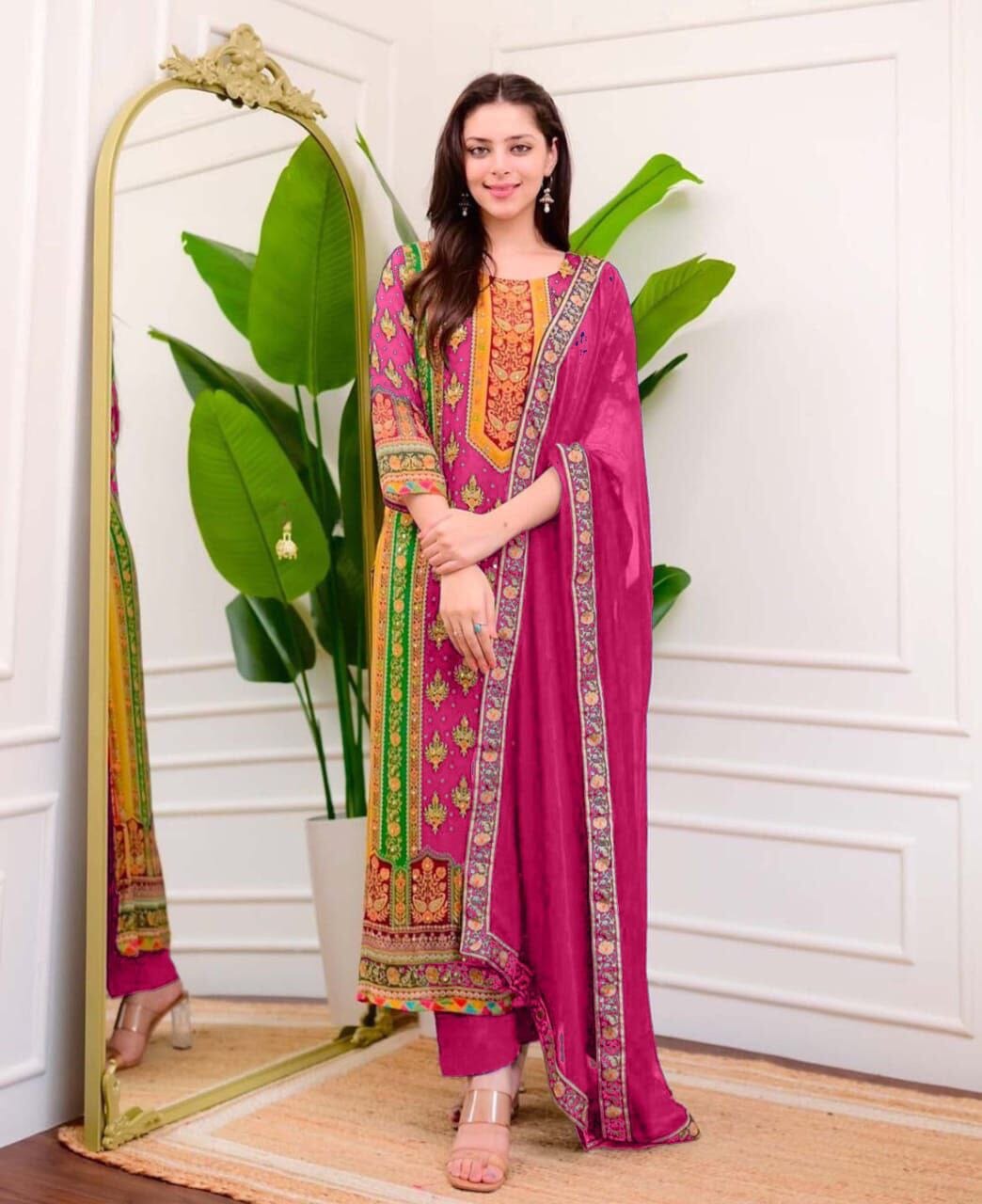 Rani Pink Multicoloured print with Embroidered Kurti with Dupatta and Pant Set Kurti with Bottom and Dupatta Shopin Di Apparels