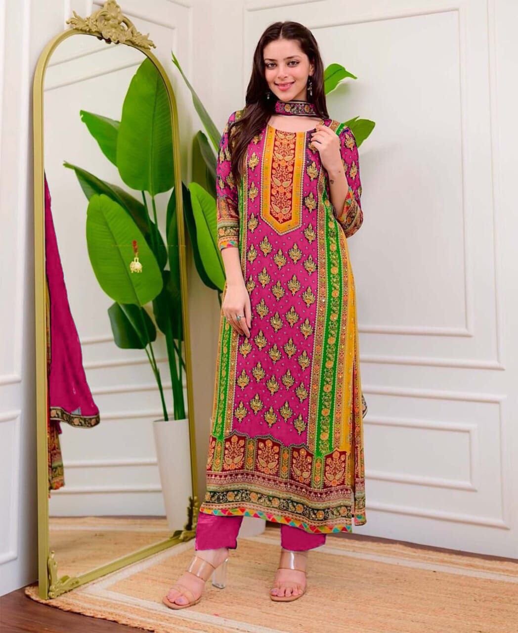Rani Pink Multicoloured print with Embroidered Kurti with Dupatta and Pant Set Kurti with Bottom and Dupatta Shopin Di Apparels
