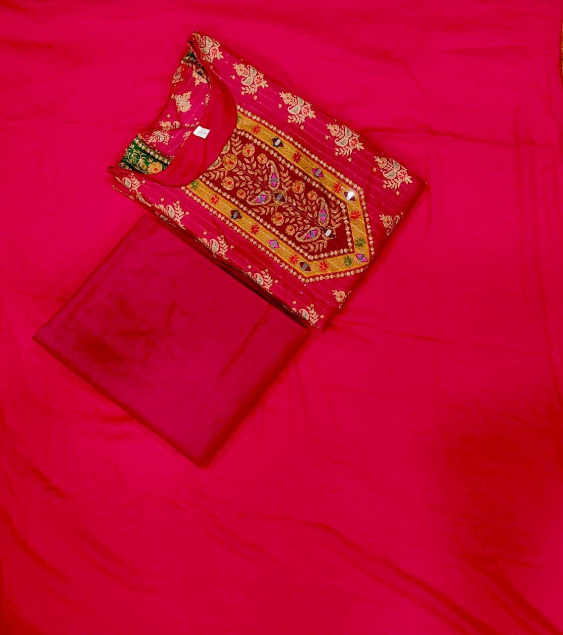 Rani Pink Multicoloured print with Embroidered Kurti with Dupatta and Pant Set Kurti with Bottom and Dupatta Shopin Di Apparels