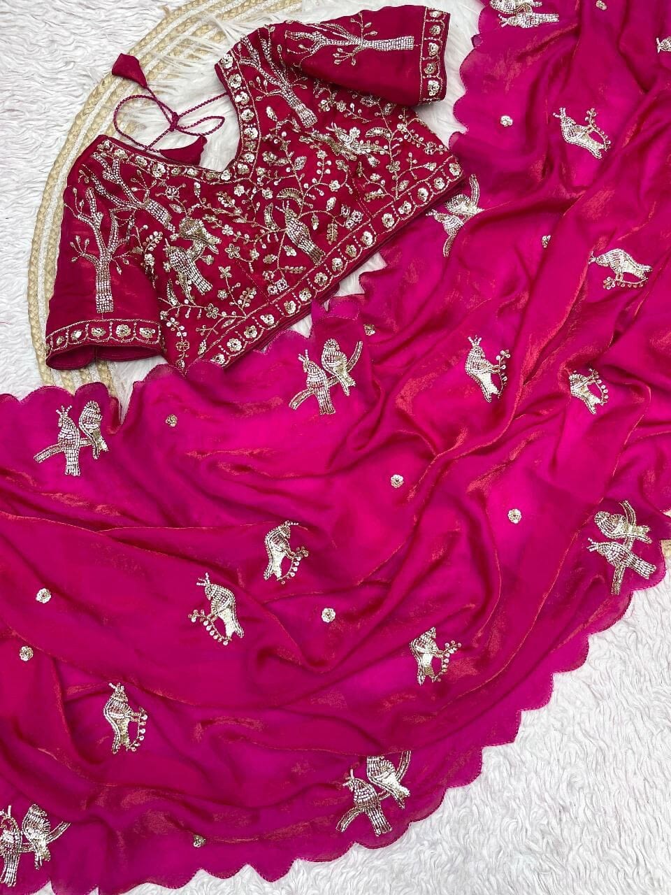Rani Pink Pure Satin Silk Designer Saree with Ready Made Handwork Blouse Designer saree Shopin Di Apparels