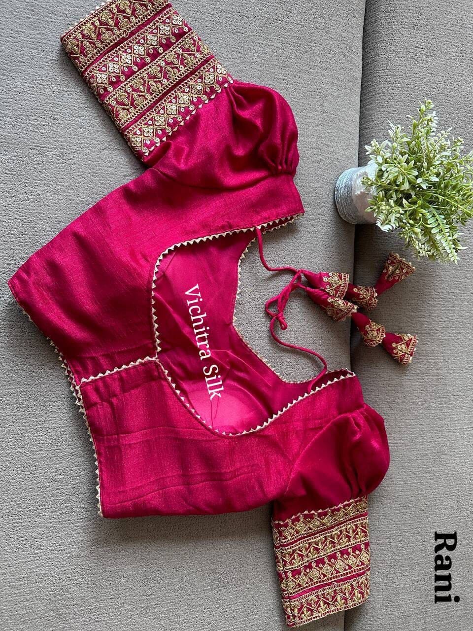Rani Vichitra Silk Readymade Blouse with Puff Sleeves and Embroidery Readymade Blouse Shopin Di Apparels