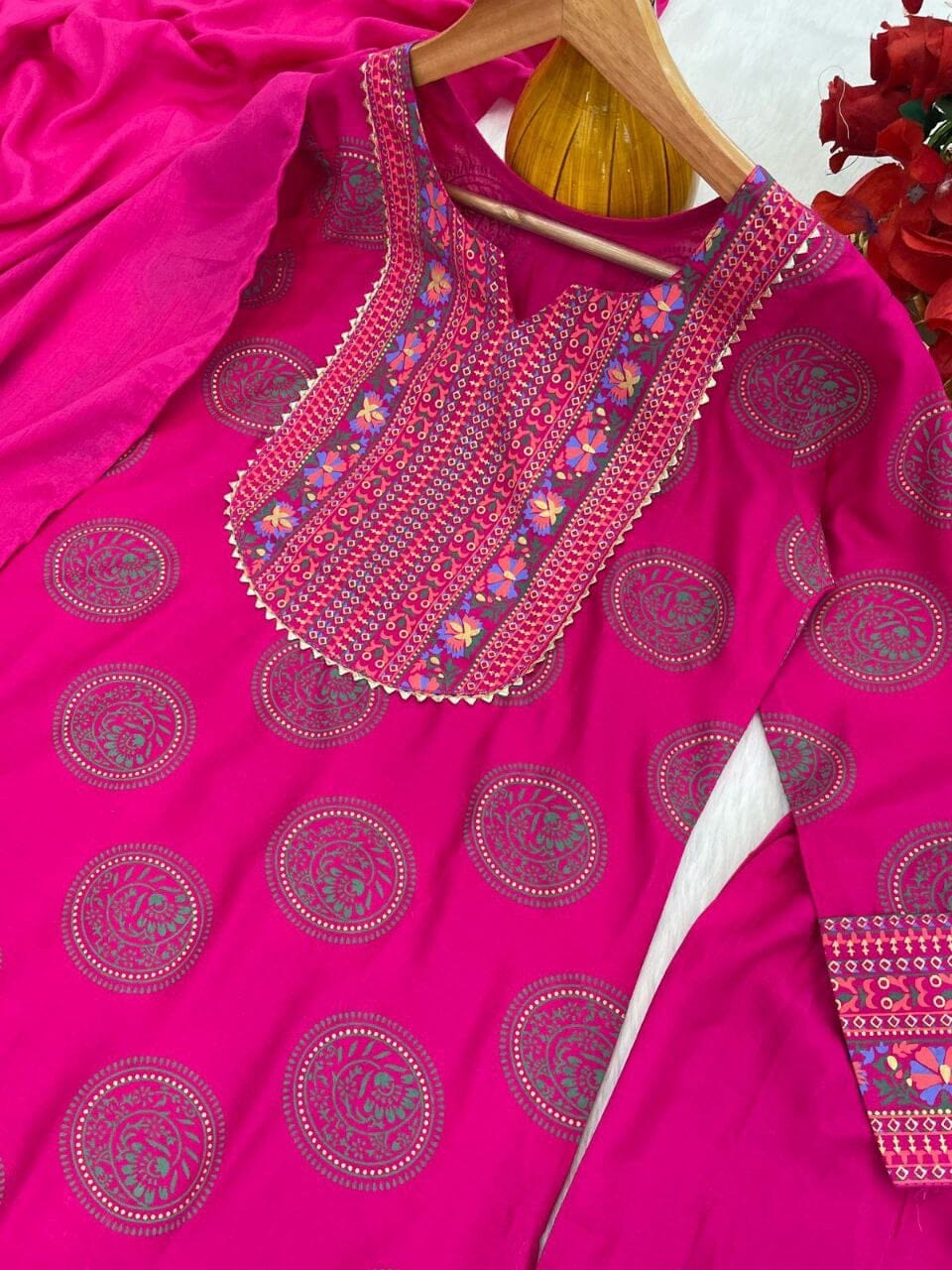 Rayon Foil Printed Kurti with Dupatta and Pant in 4 colors Kurti with Bottom and Dupatta Shopin Di Apparels