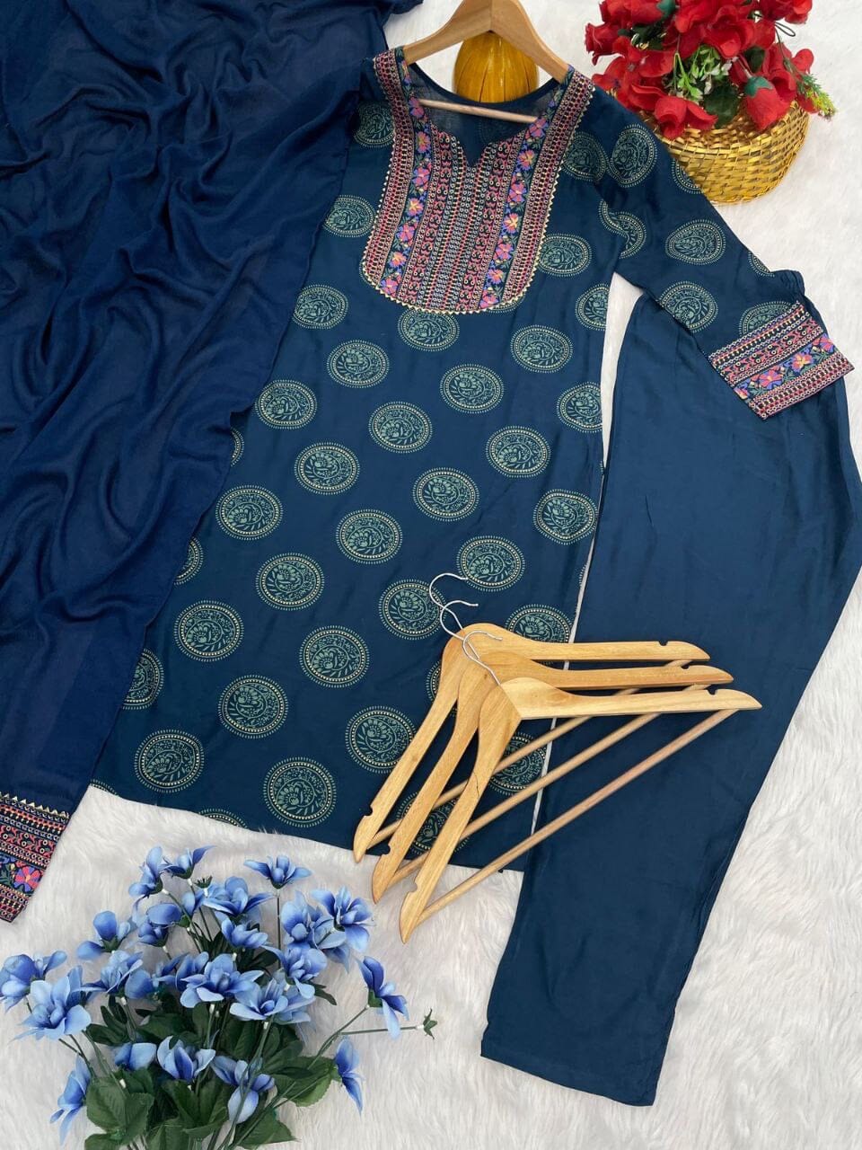 Rayon Foil Printed Kurti with Dupatta and Pant in 4 colors Kurti with Bottom and Dupatta Shopin Di Apparels