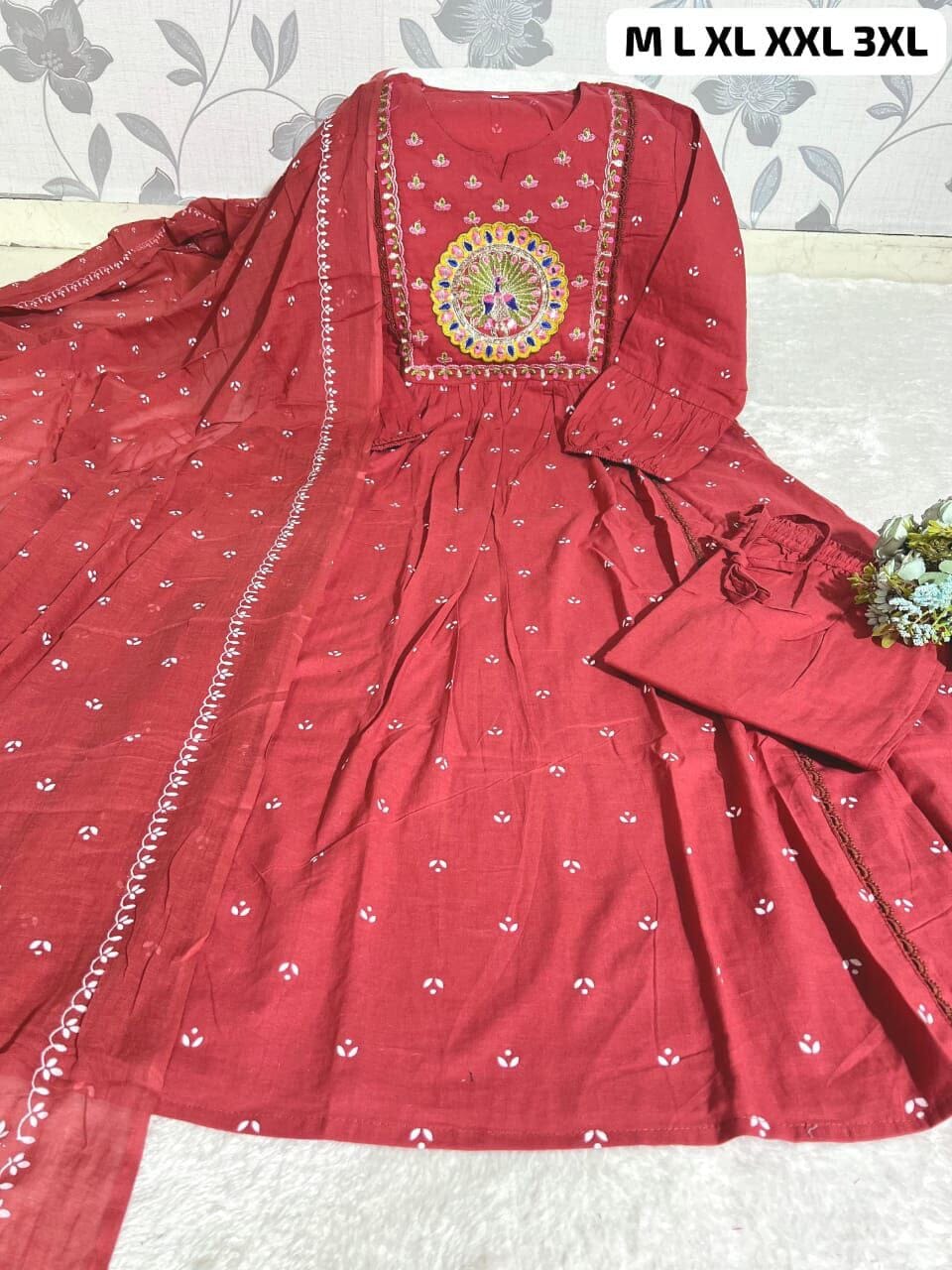 Red Anarkali Cotton Kurti with Dupatta and Pant Kurti with Dupatta and Bottom Shopin Di Apparels