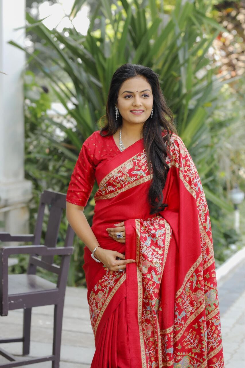 Red Dola Silk saree with Mill Foil Print Silk Saree Shopin Di Apparels
