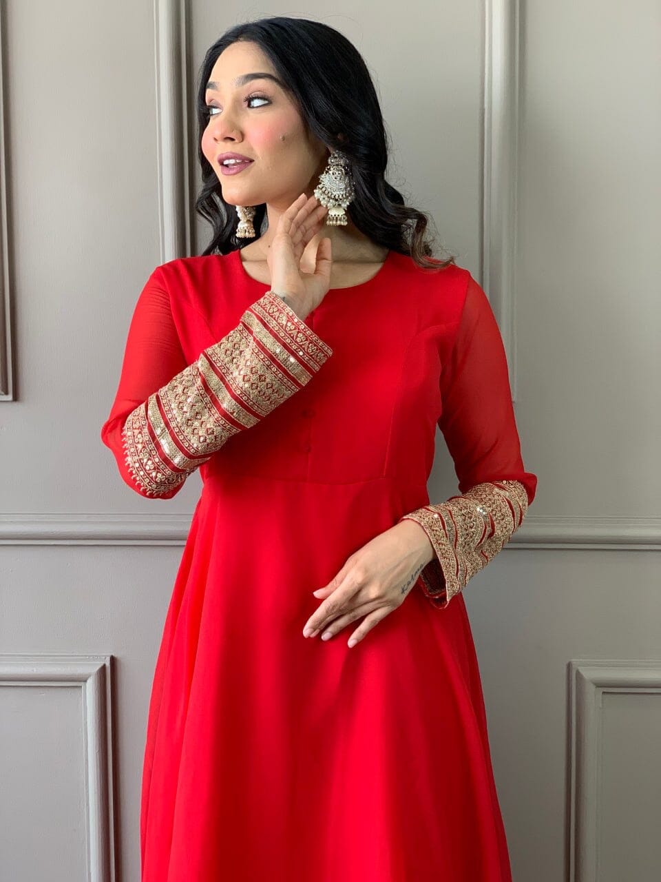 Red Georgette Gown with Embroidered Dupatta and Silk Pant Ready Made Designer Suits Shopin Di Apparels