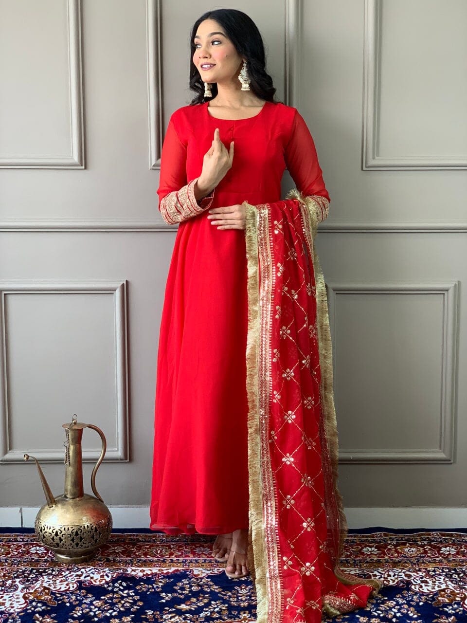 Red Georgette Gown with Embroidered Dupatta and Silk Pant Ready Made Designer Suits Shopin Di Apparels