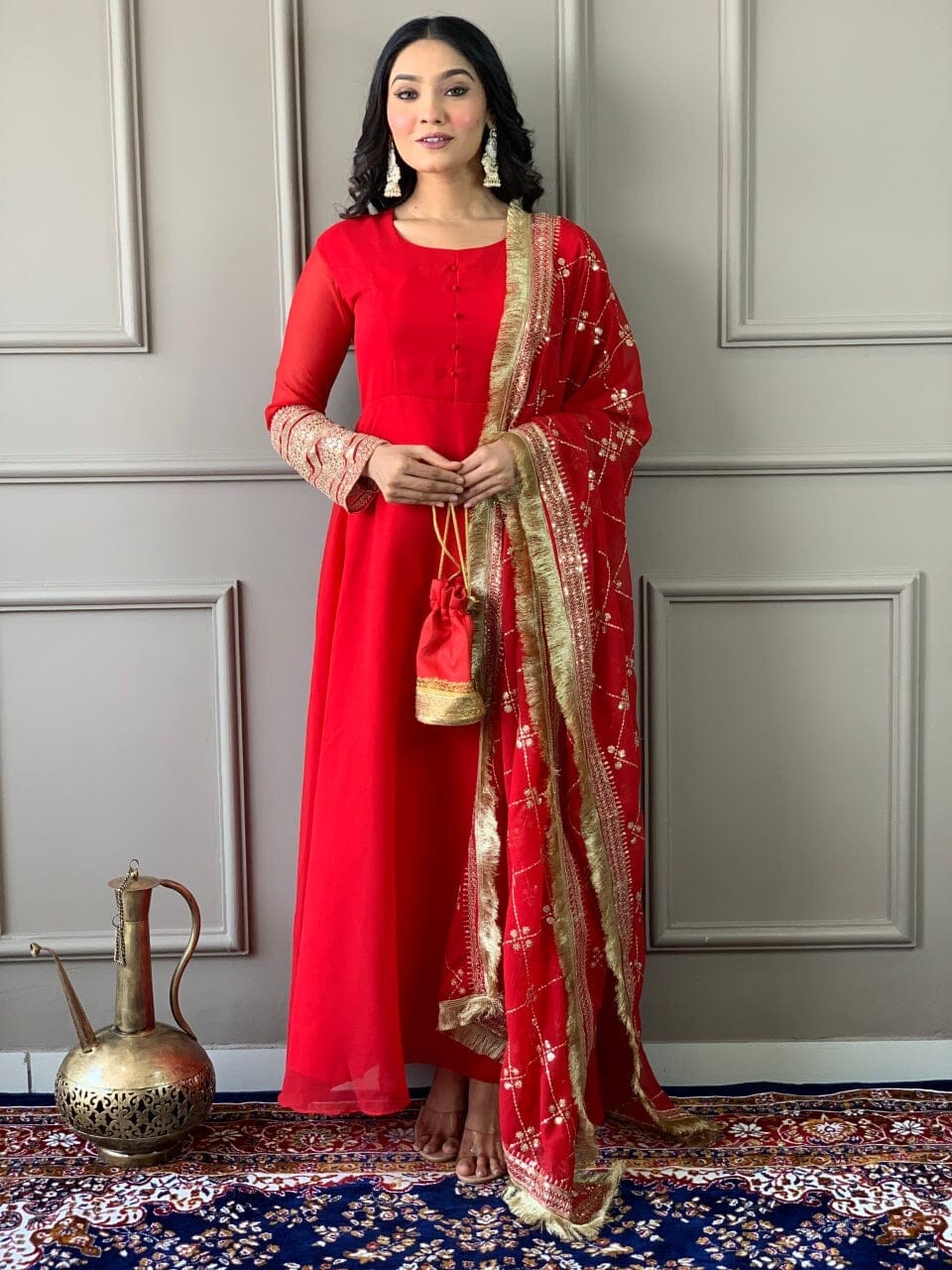 Red Georgette Gown with Embroidered Dupatta and Silk Pant Ready Made Designer Suits Shopin Di Apparels