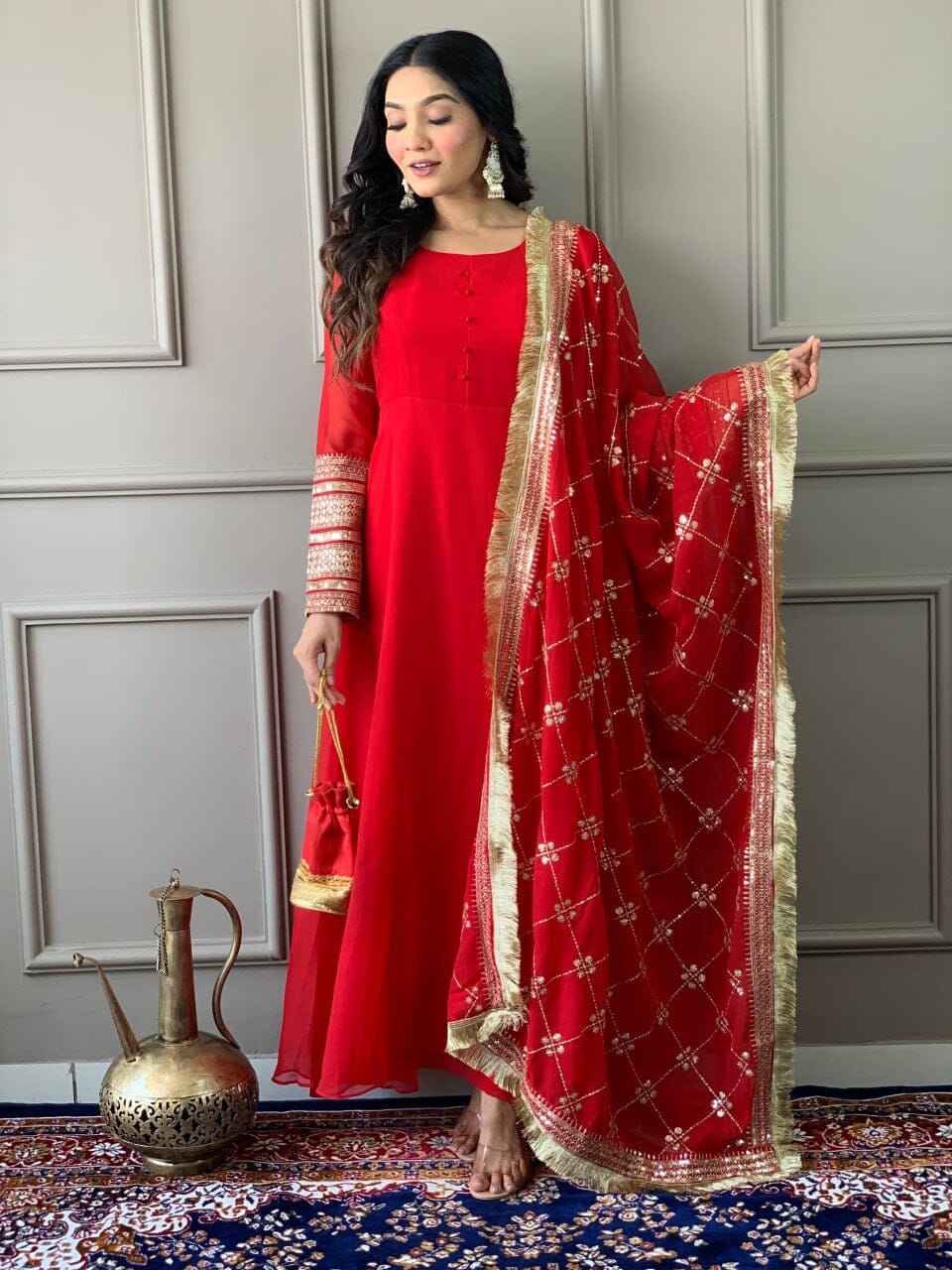 Red Georgette Gown with Embroidered Dupatta and Silk Pant Ready Made Designer Suits Shopin Di Apparels