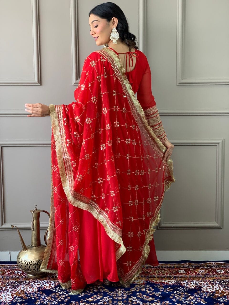 Red Georgette Gown with Embroidered Dupatta and Silk Pant Ready Made Designer Suits Shopin Di Apparels