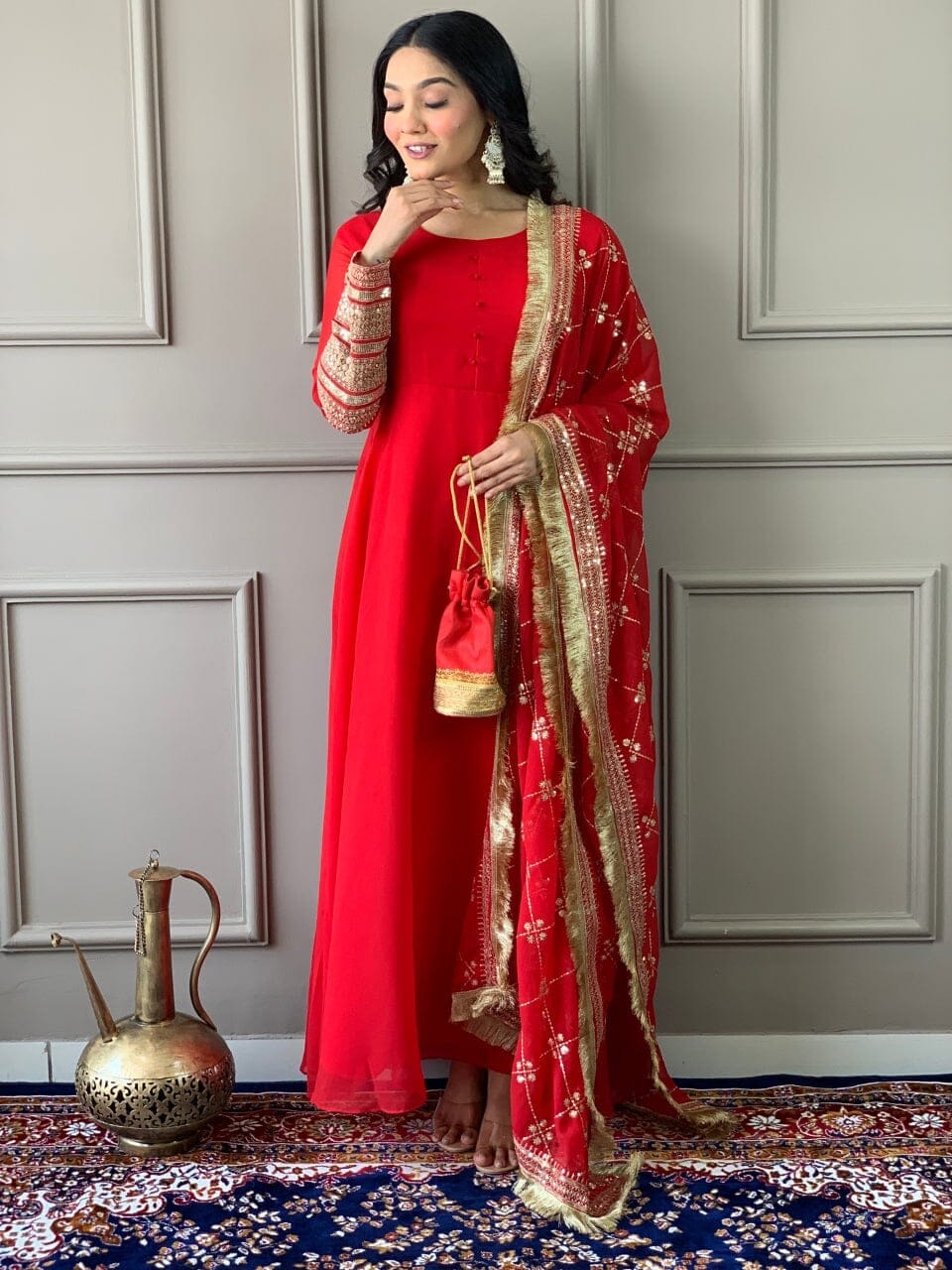Red Georgette Gown with Embroidered Dupatta and Silk Pant Ready Made Designer Suits Shopin Di Apparels