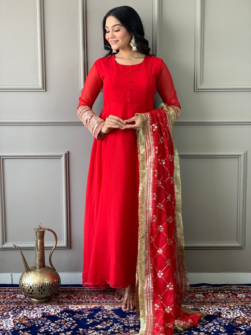 Red Georgette Gown with Embroidered Dupatta and Silk Pant Ready Made Designer Suits Shopin Di Apparels