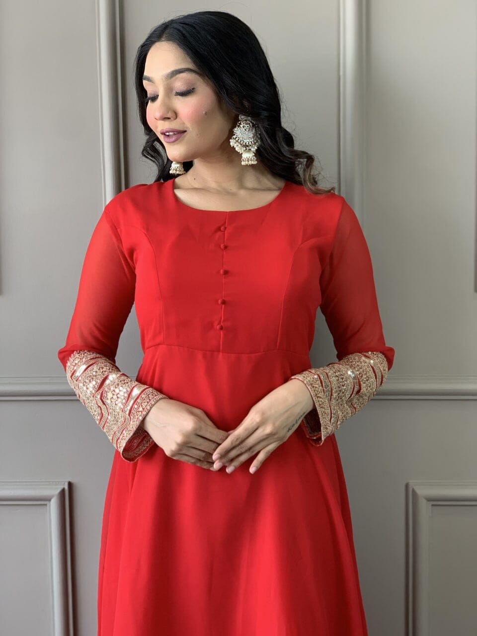 Red Georgette Gown with Embroidered Dupatta and Silk Pant Ready Made Designer Suits Shopin Di Apparels