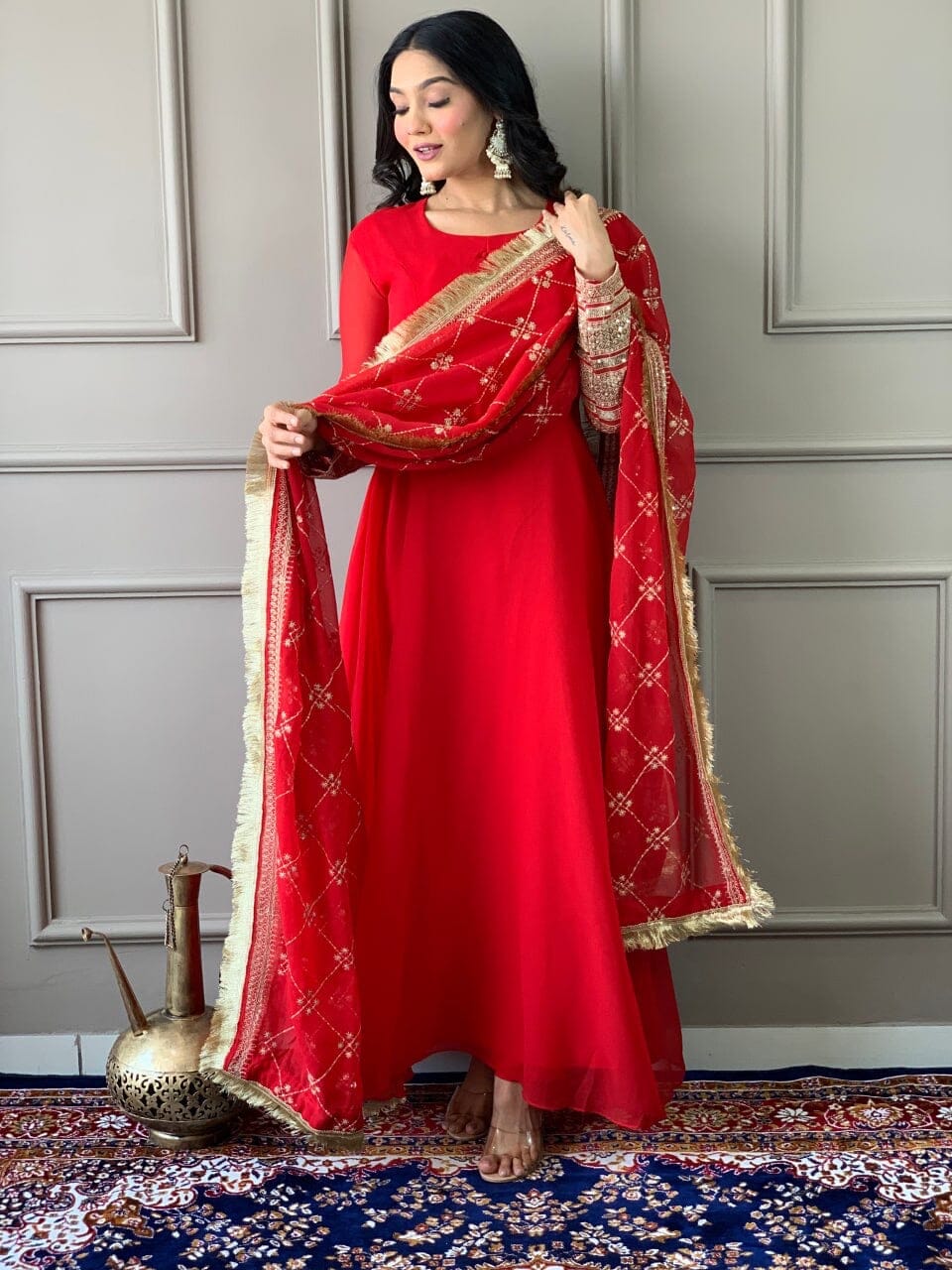 Red Georgette Gown with Embroidered Dupatta and Silk Pant Ready Made Designer Suits Shopin Di Apparels