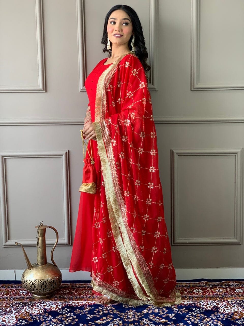 Red Georgette Gown with Embroidered Dupatta and Silk Pant Ready Made Designer Suits Shopin Di Apparels