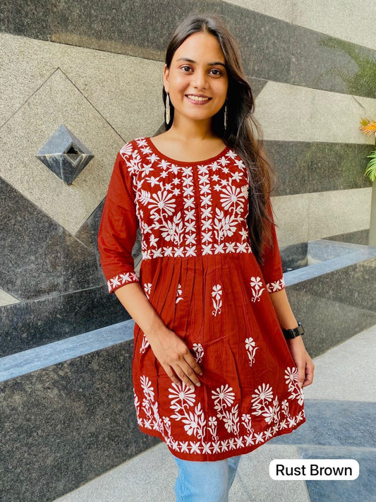 Red Heavy Chikankari Embroidery Trending Top Kurti Shopin Di Apparels