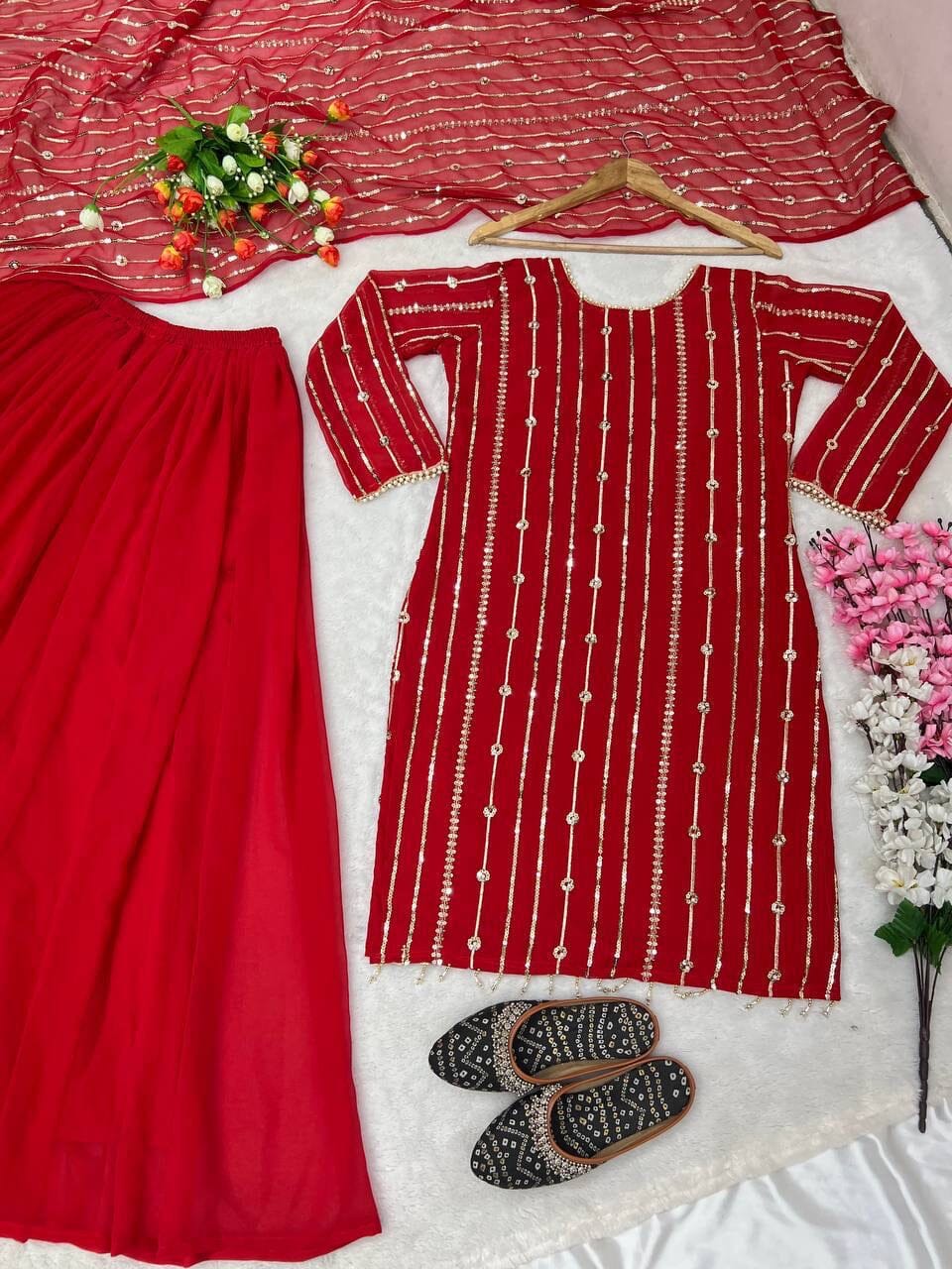 Red Heavy Faux Georgette With Heavy Embroidery Sequence Plazzo Suit Designer Suits Shopin Di Apparels
