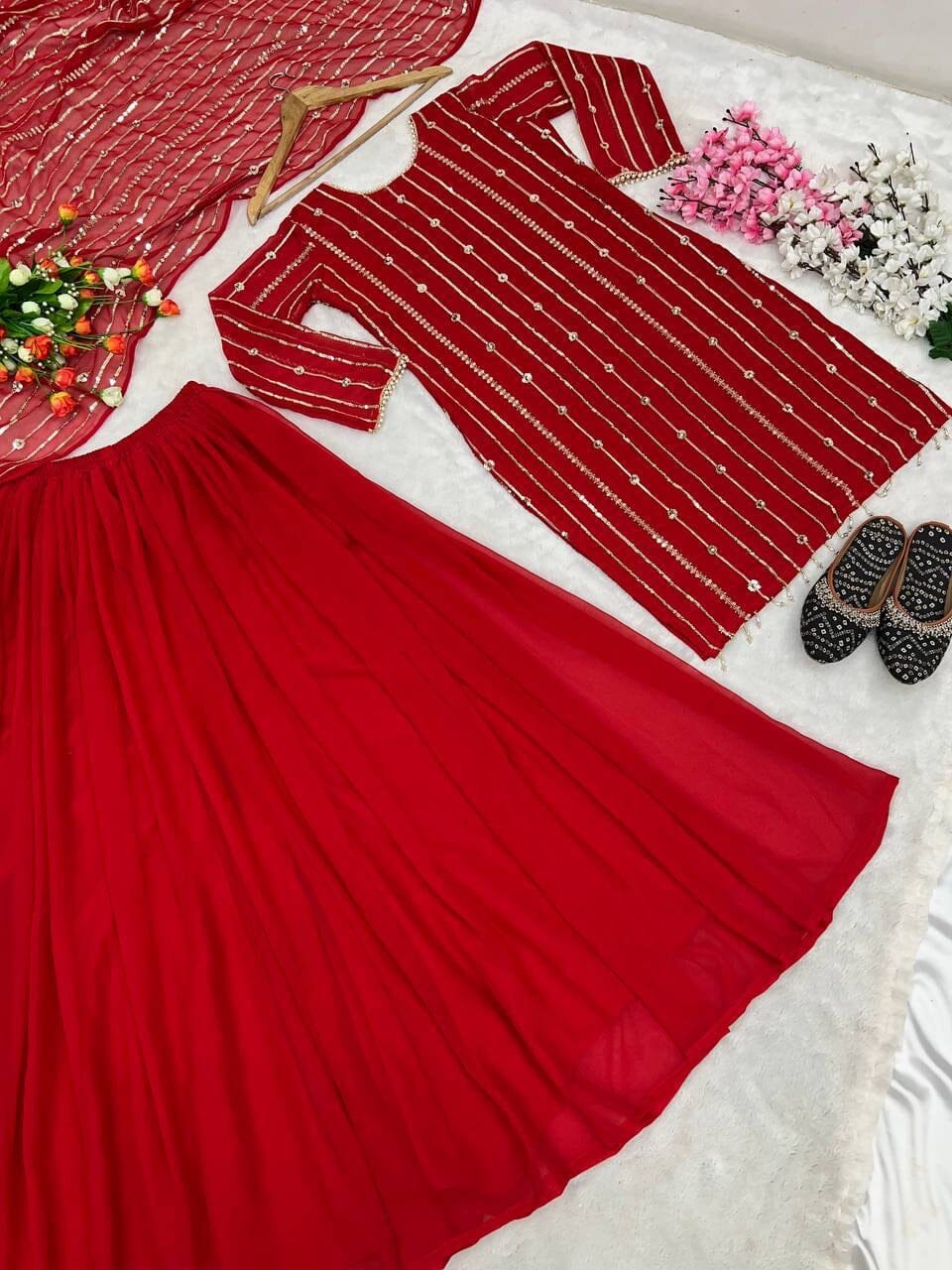 Red Heavy Faux Georgette With Heavy Embroidery Sequence Plazzo Suit Designer Suits Shopin Di Apparels