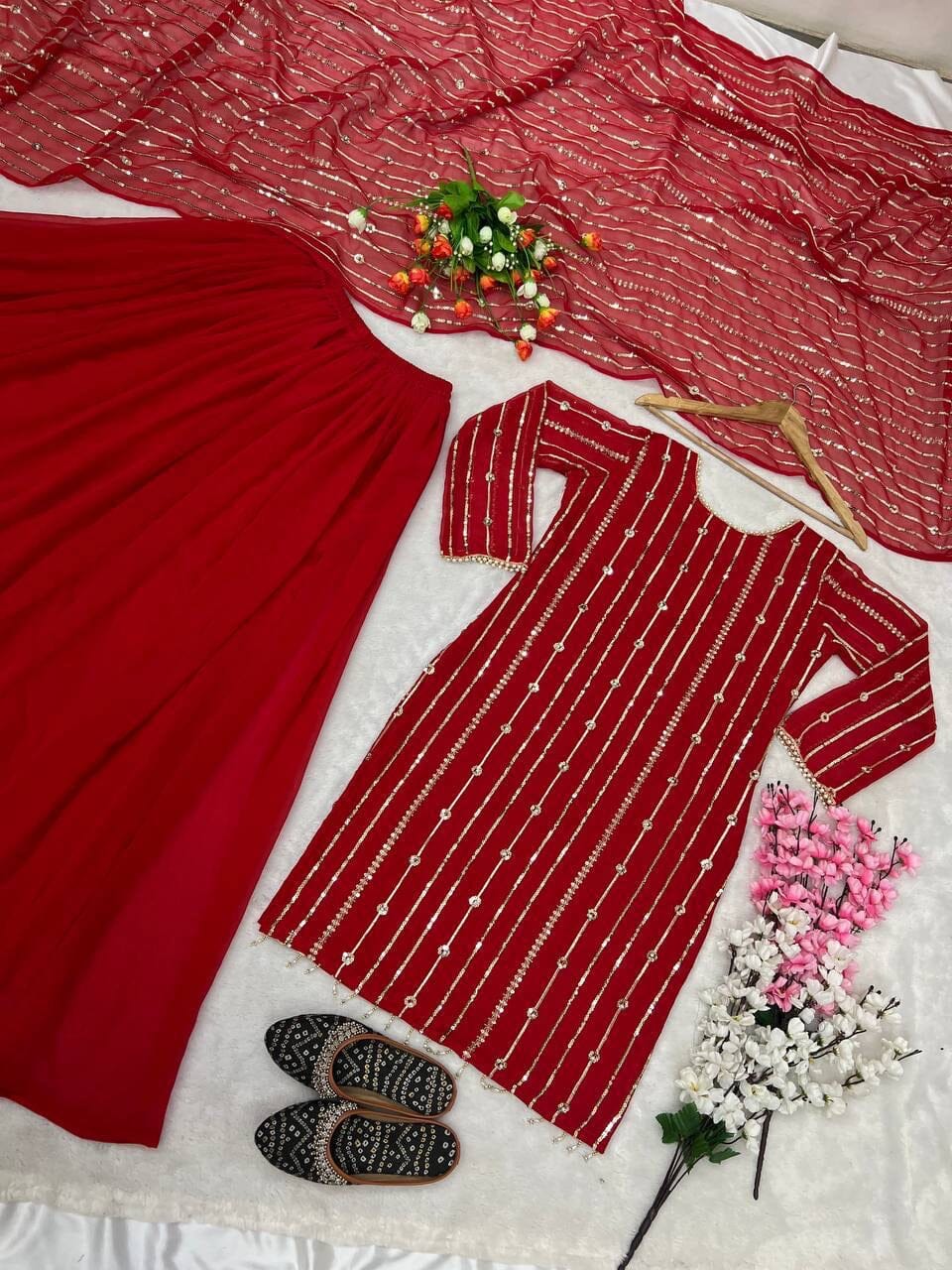 Red Heavy Faux Georgette With Heavy Embroidery Sequence Plazzo Suit Designer Suits Shopin Di Apparels