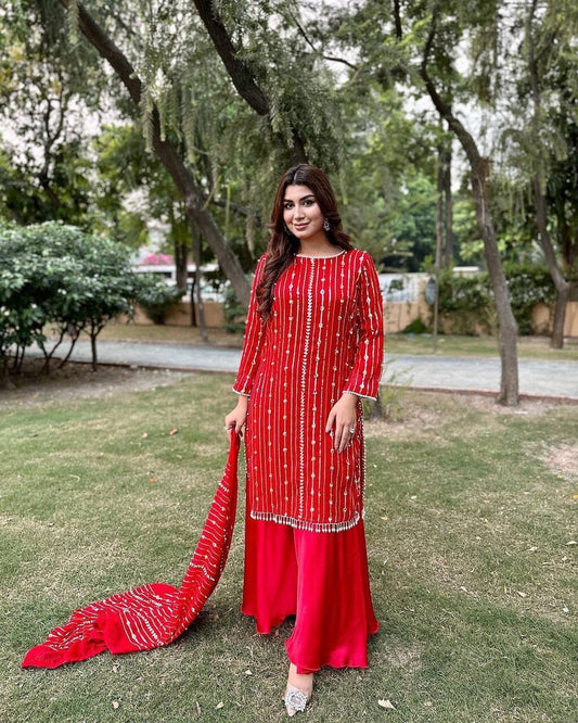 Red Heavy Faux Georgette With Heavy Embroidery Sequence Plazzo Suit Designer Suits Shopin Di Apparels