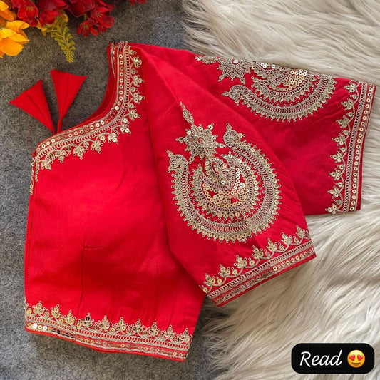 Red Heavy Pure Roman Silk Embroidered Sequence Work Readymade Blouse Shopin Di Apparels