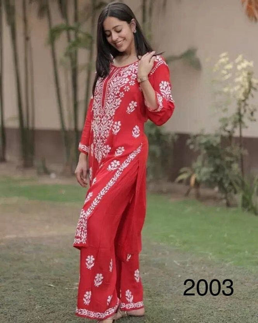 Red Heavy Rayon Chikankari Embroidered Kurti and Plazzo Set Kurti with Plazzo Shopin Di Apparels