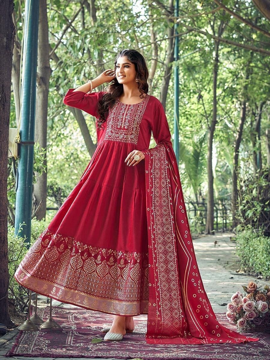 Red Heavy Rayon Foil Printed Long Gown Kurti with Dupatta Gown with Dupatta Shopin Di Apparels