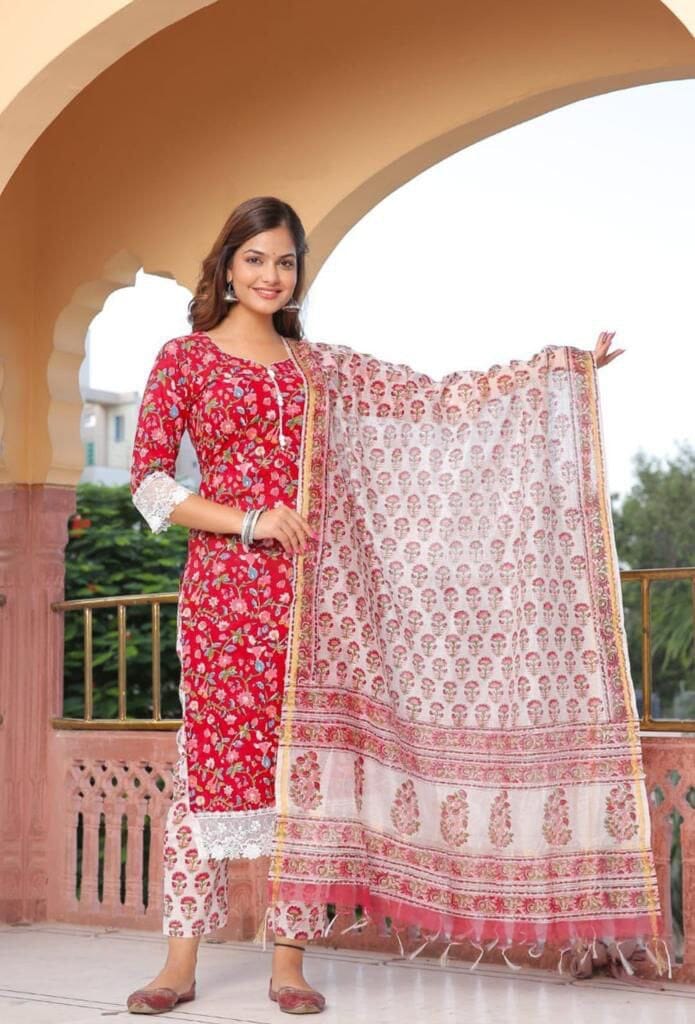 Red Printed Cotton Designer Kurti with Dupatta and Bottom Kurti with Dupatta and Bottom Shopin Di Apparels
