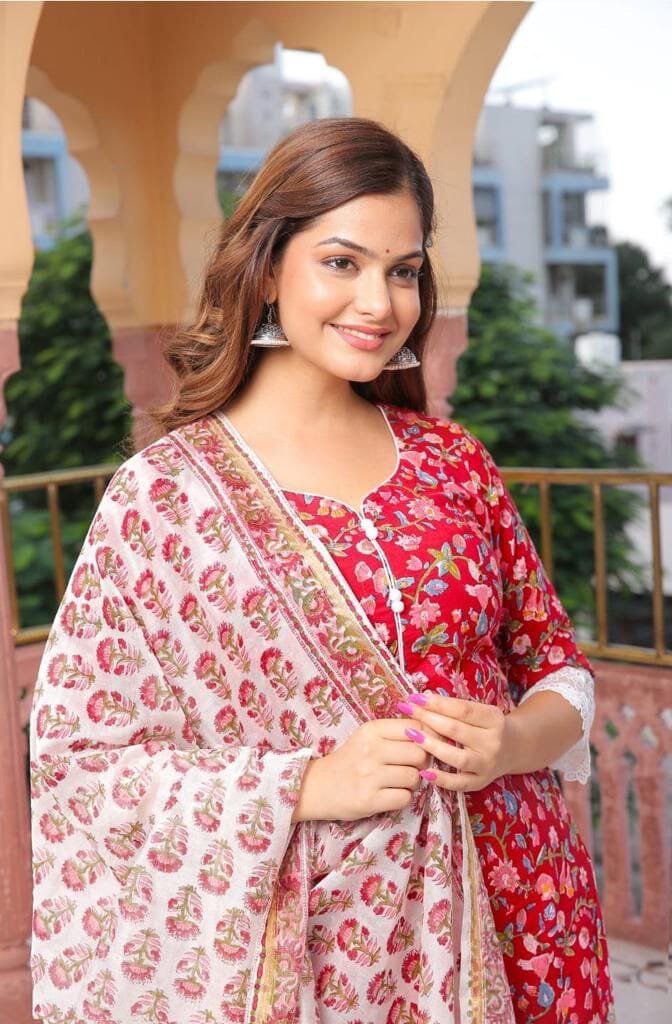 Red Printed Cotton Designer Kurti with Dupatta and Bottom Kurti with Dupatta and Bottom Shopin Di Apparels