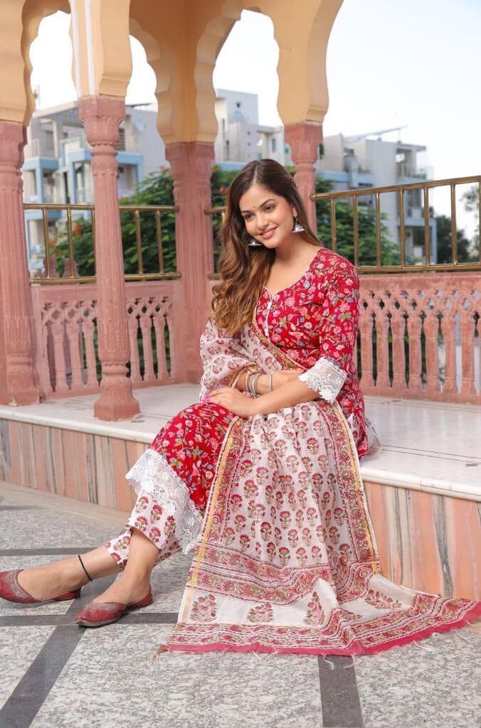 Red Printed Cotton Designer Kurti with Dupatta and Bottom Kurti with Dupatta and Bottom Shopin Di Apparels