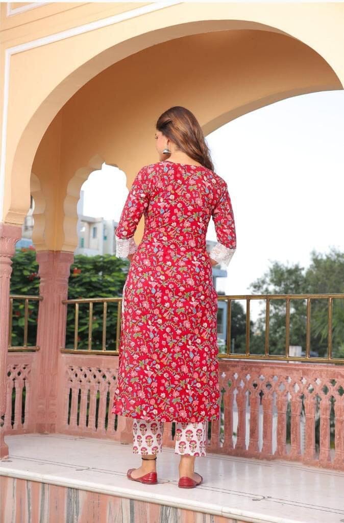 Red Printed Cotton Designer Kurti with Dupatta and Bottom Kurti with Dupatta and Bottom Shopin Di Apparels