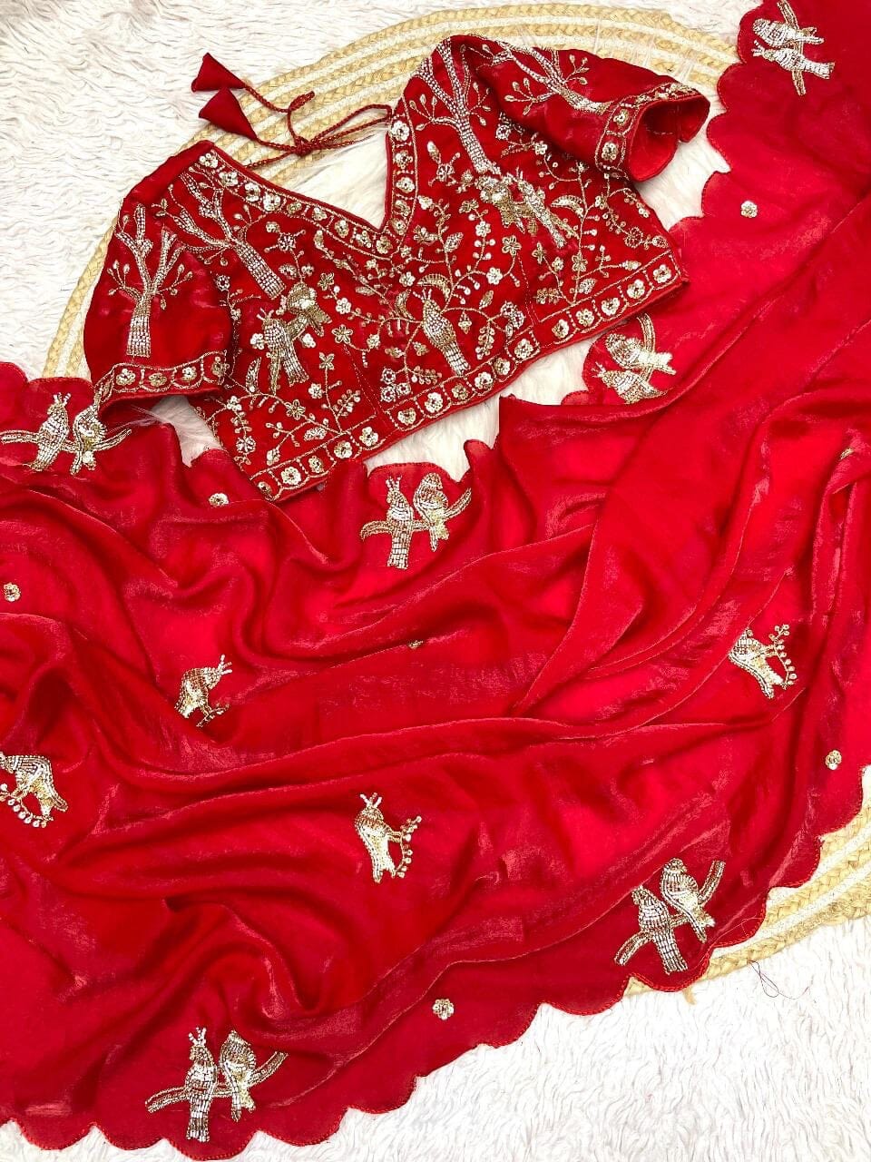 Red Satin Silk Designer Saree with Ready Made Handwork Blouse Designer saree Shopin Di Apparels