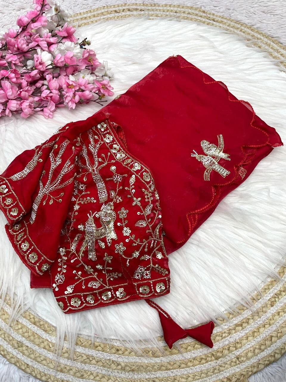 Red Satin Silk Designer Saree with Ready Made Handwork Blouse Designer saree Shopin Di Apparels