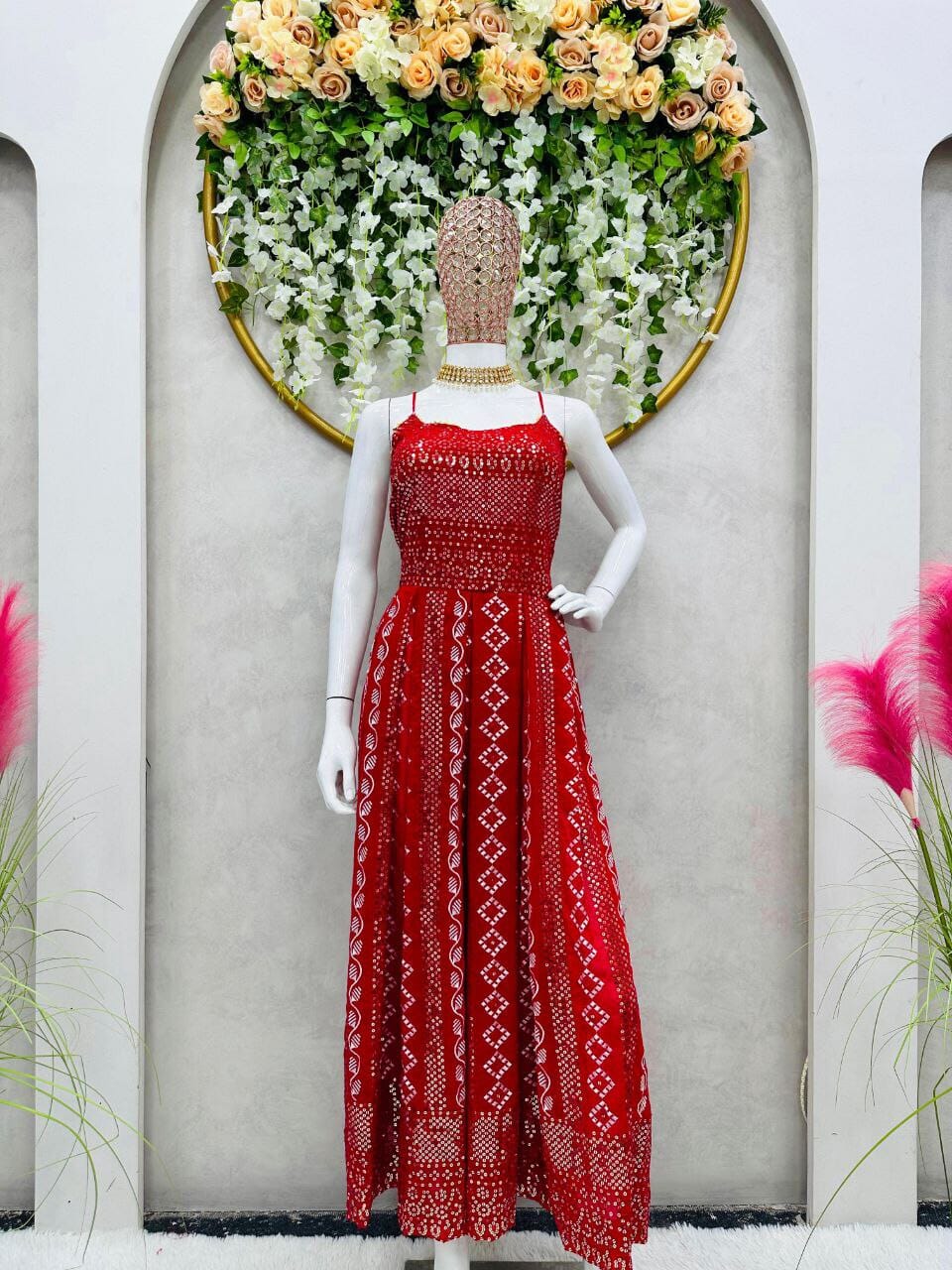Red Sequence Work Sleeveless Gown Designer Gown Shopin Di Apparels