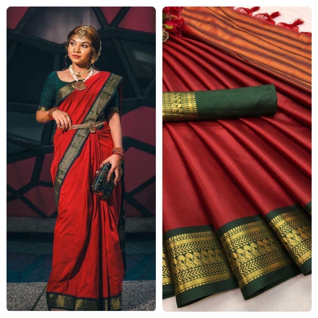 Red with Dark Green Aura Silk Saree with matching blouse Silk Cotton Saree Shopin Di Apparels
