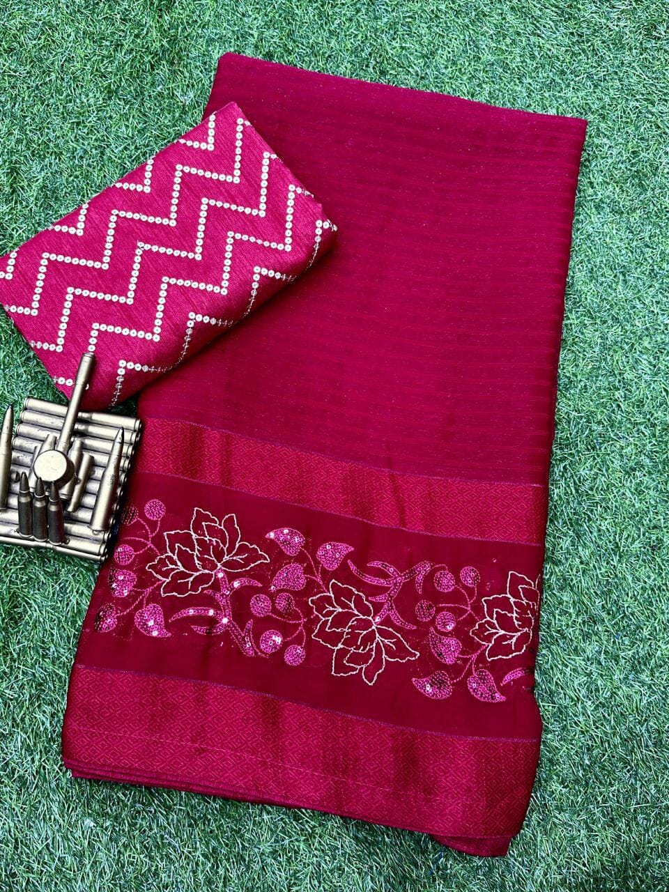 Rose Red Himanshi Designer Shimmer Chiffon Saree with Sequence Work Blouse Designer Saree Shopin Di Apparels